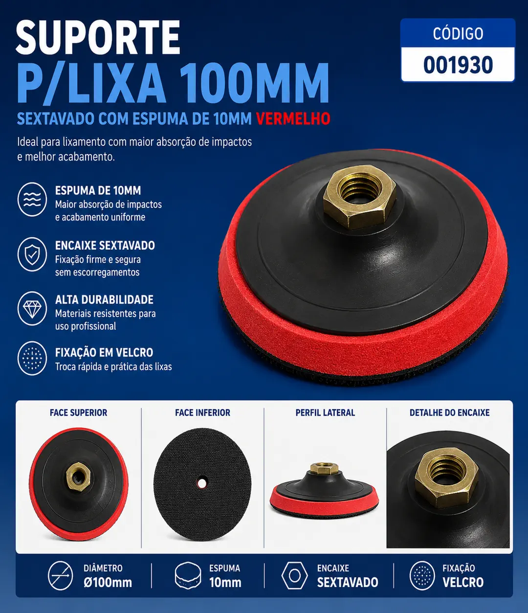 Suporte para Lixa Sextavado com Espuma 100 mm