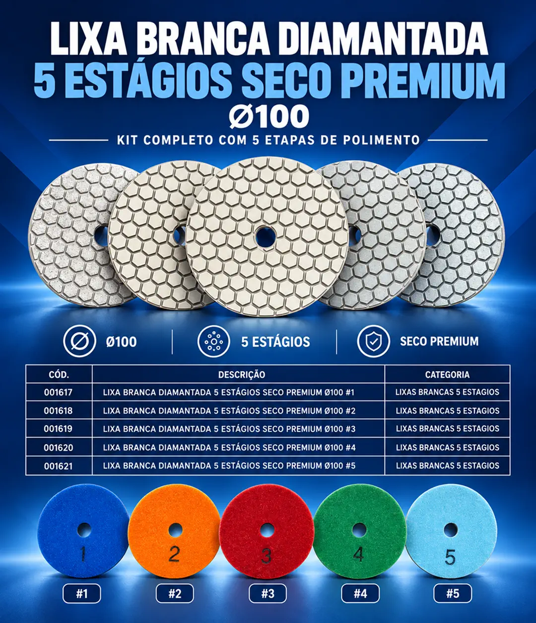 Lixa Branca Diamantada Premium 5 Estágios 100 mm